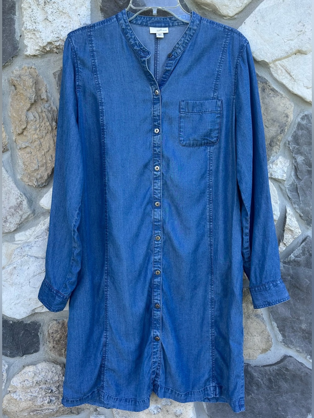 J. Jill Denim Dress Size L Blue Chambray Button Up Casual Minimalist Roll Sleeve